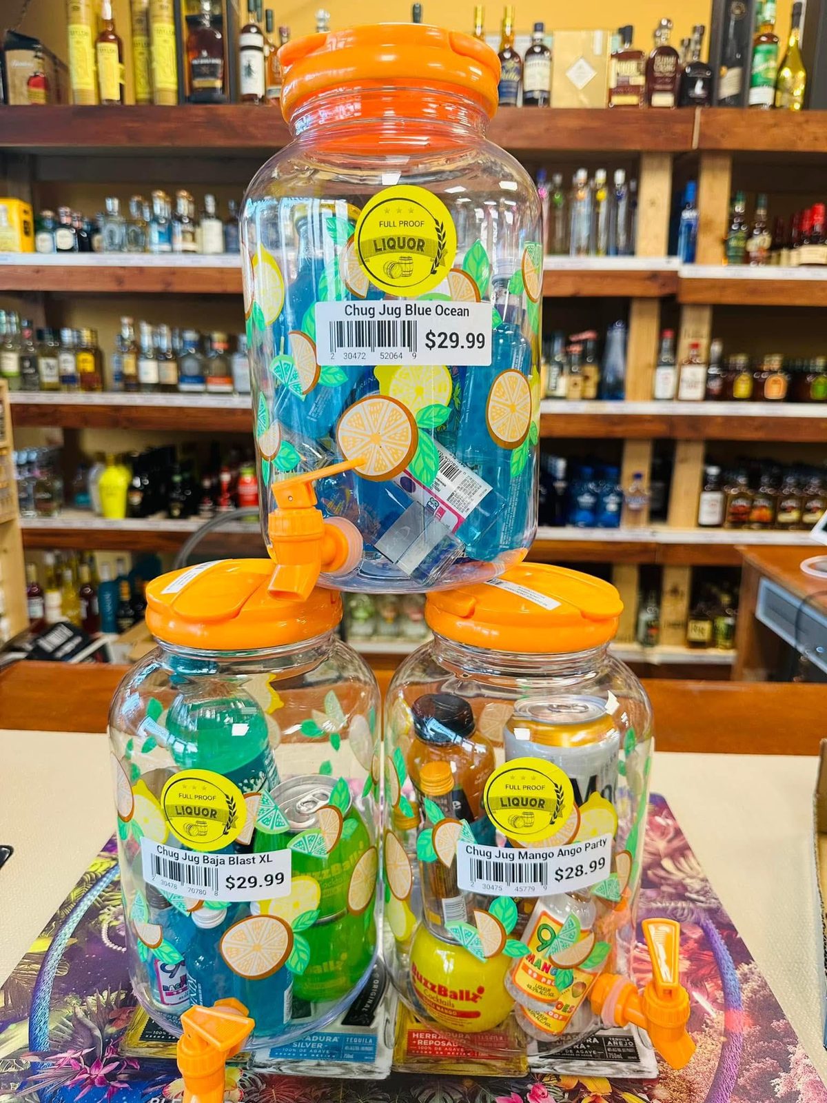 Full Proof Chug Jug party cocktail kits in Blue Ocean, Baja Blast and Mango Ango