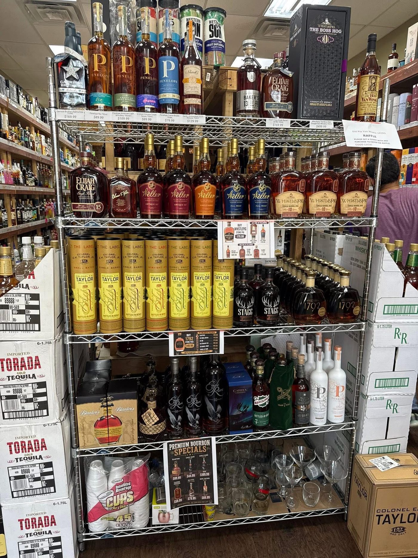 Premium and allocated bourbon display at Full Proof Liquor